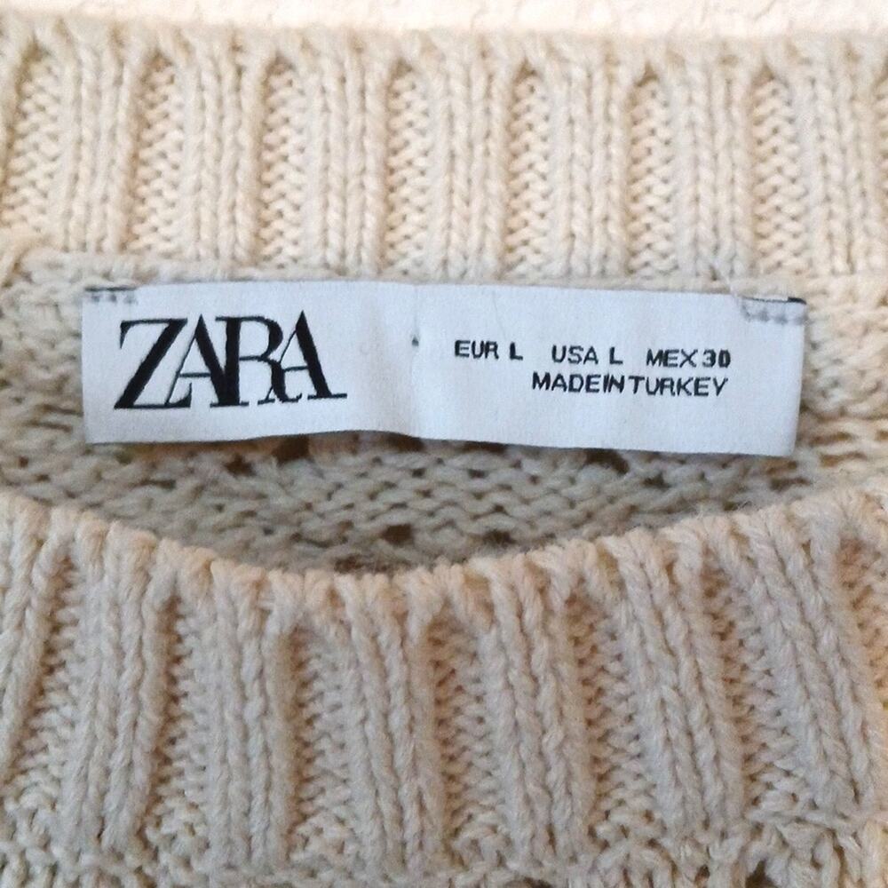 Zara Cream Open Knit Sweater With Crochet Hems Short Cut - Picture 3 of 5